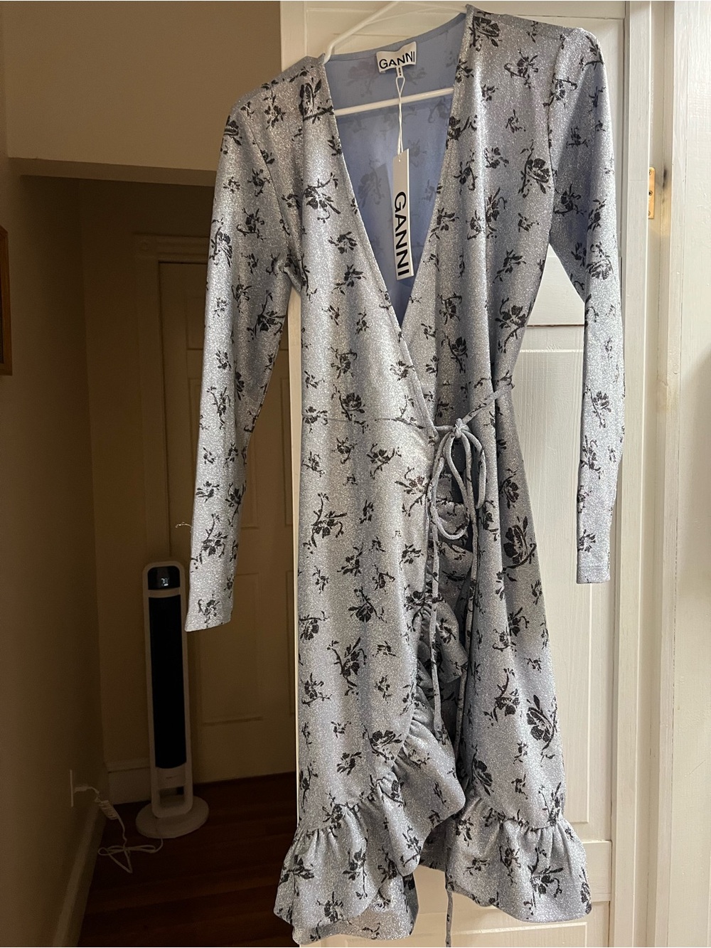 Ganni Silver Floral Wrap Dress with Black Print